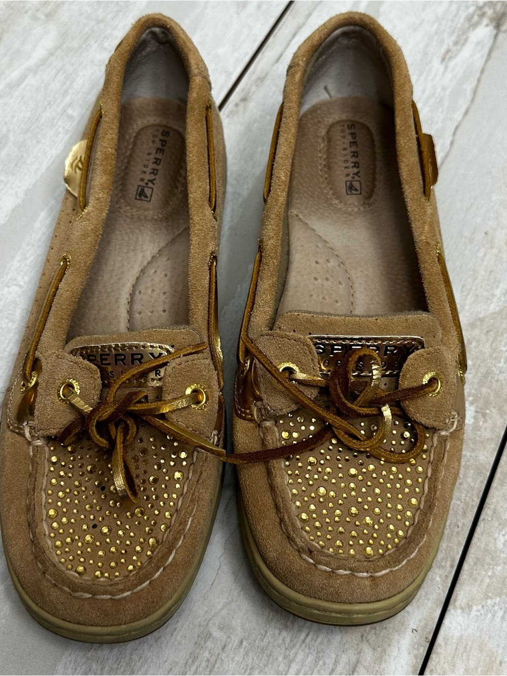 Sperry Tan Suede Boat Shoes Loafers with Gold Stud Accents Whimsy Shiny Shimmer